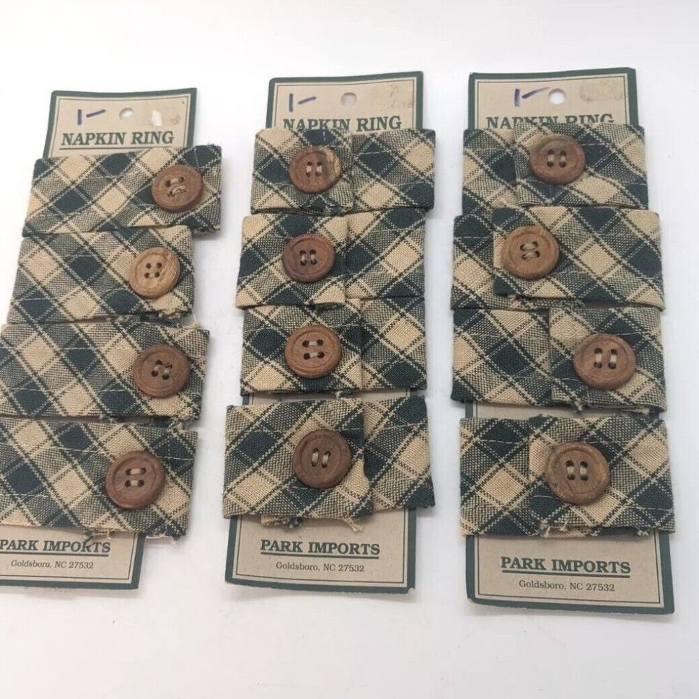 Fabric Napkin Holders Set Of 12 Green Country Plaid Wooden Buttons Cottagecore